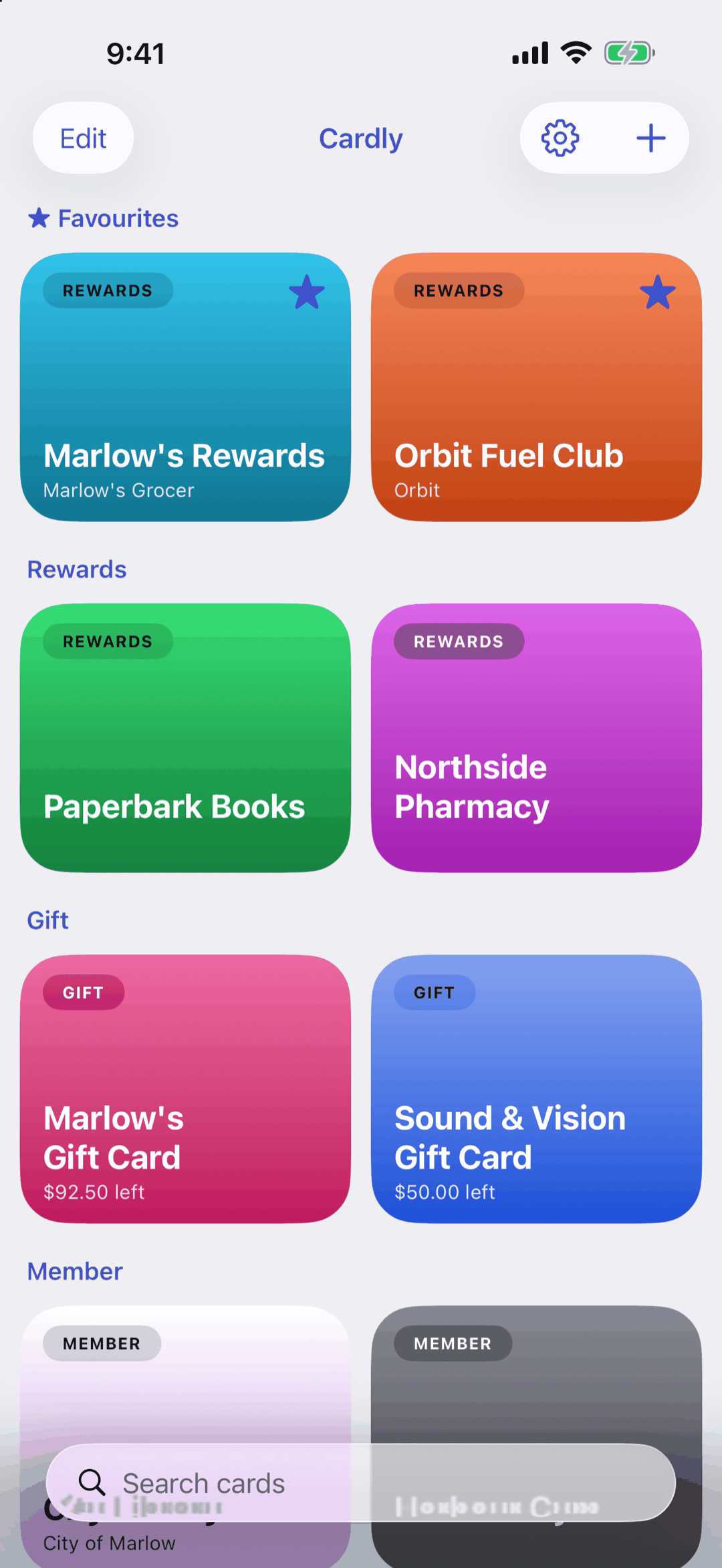 The wallet: Favourites, Rewards and Gift sections of coloured card tiles, with Edit, Settings and Add in the top bar and Search cards at the bottom