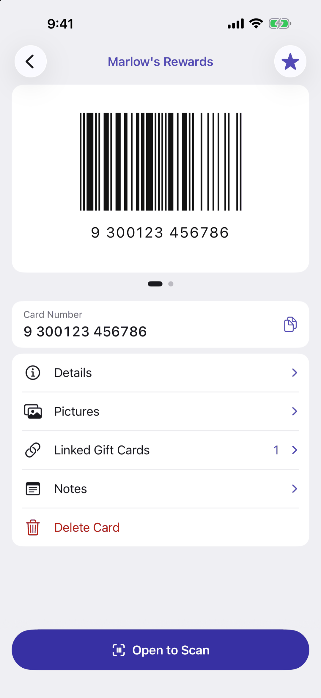 The card screen: the barcode with its number, page dots, the Card Number with a copy button, and the Details, Pictures, Linked Gift Cards, Notes and Delete Card rows above Open to Scan