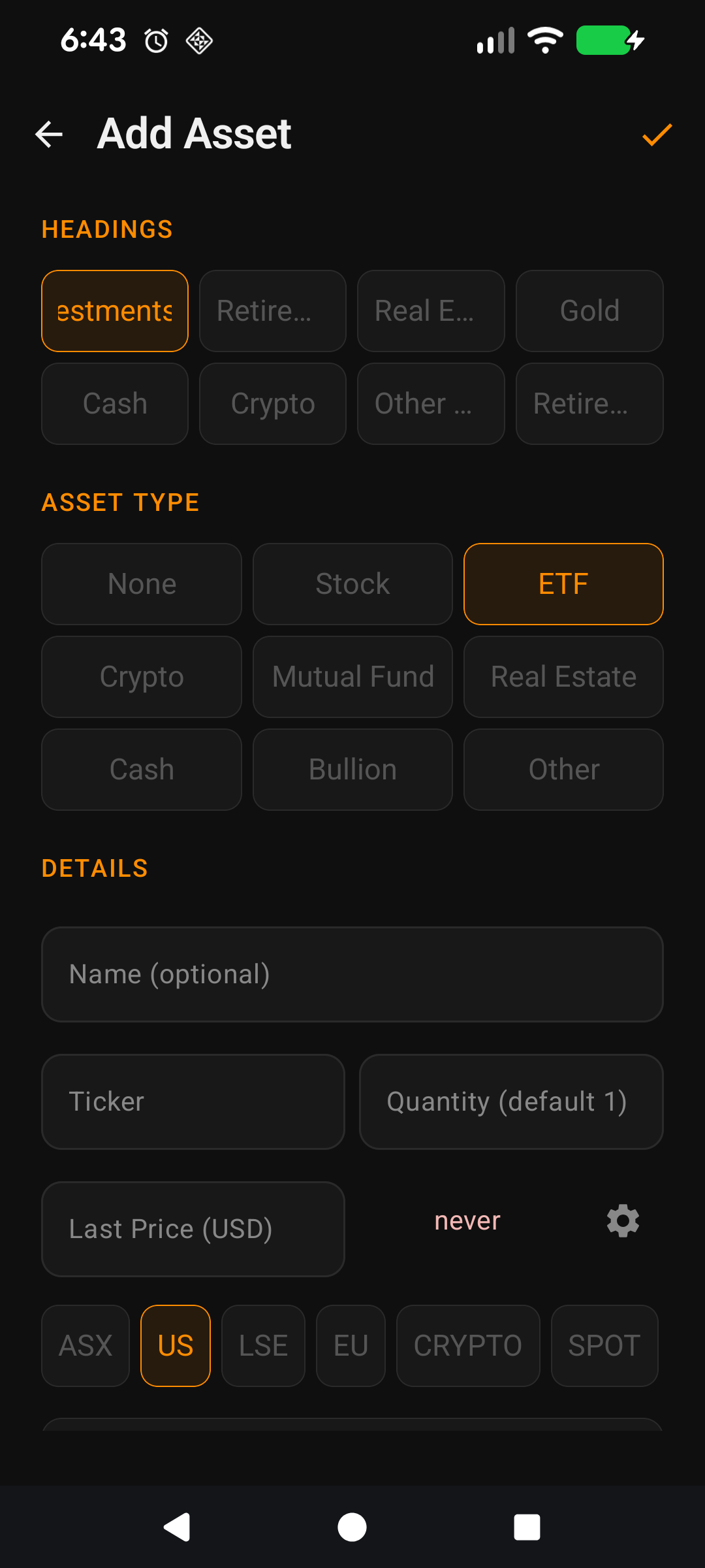 Asset Type chip row on Add Asset screen