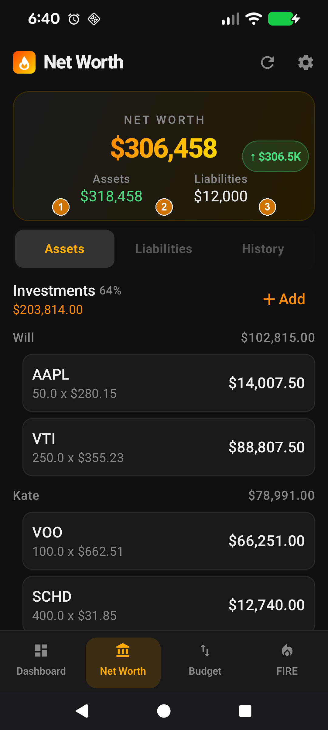 Net Worth screen showing Assets / Liabilities / History tabs