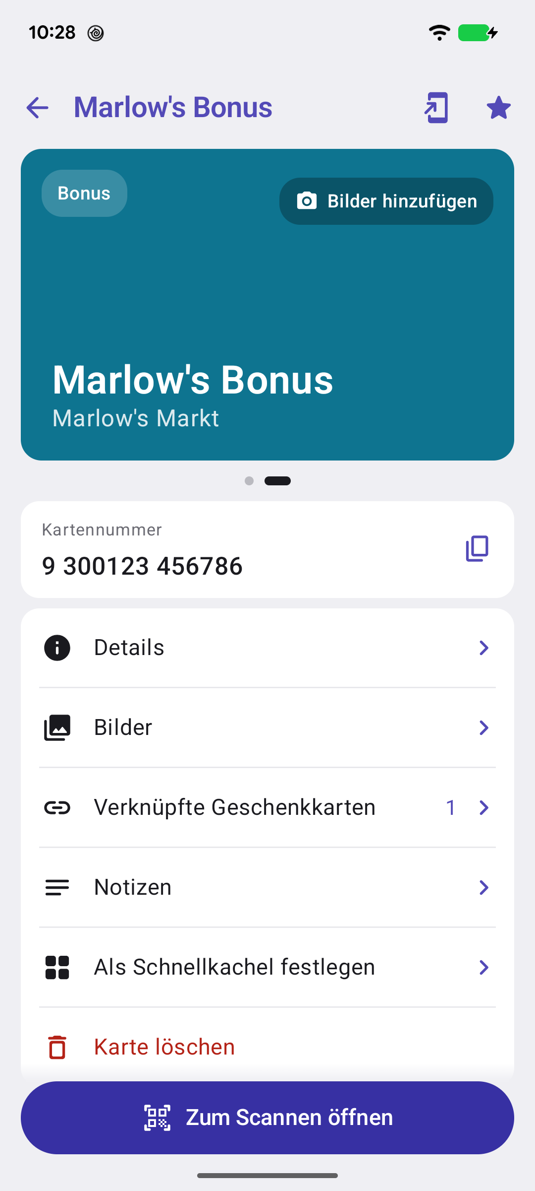 Der Kartenbildschirm: oben der Barcode mit Seitenpunkten, die Kartennummer und die Zeilen Details, Bilder und Verknüpfte Geschenkkarten