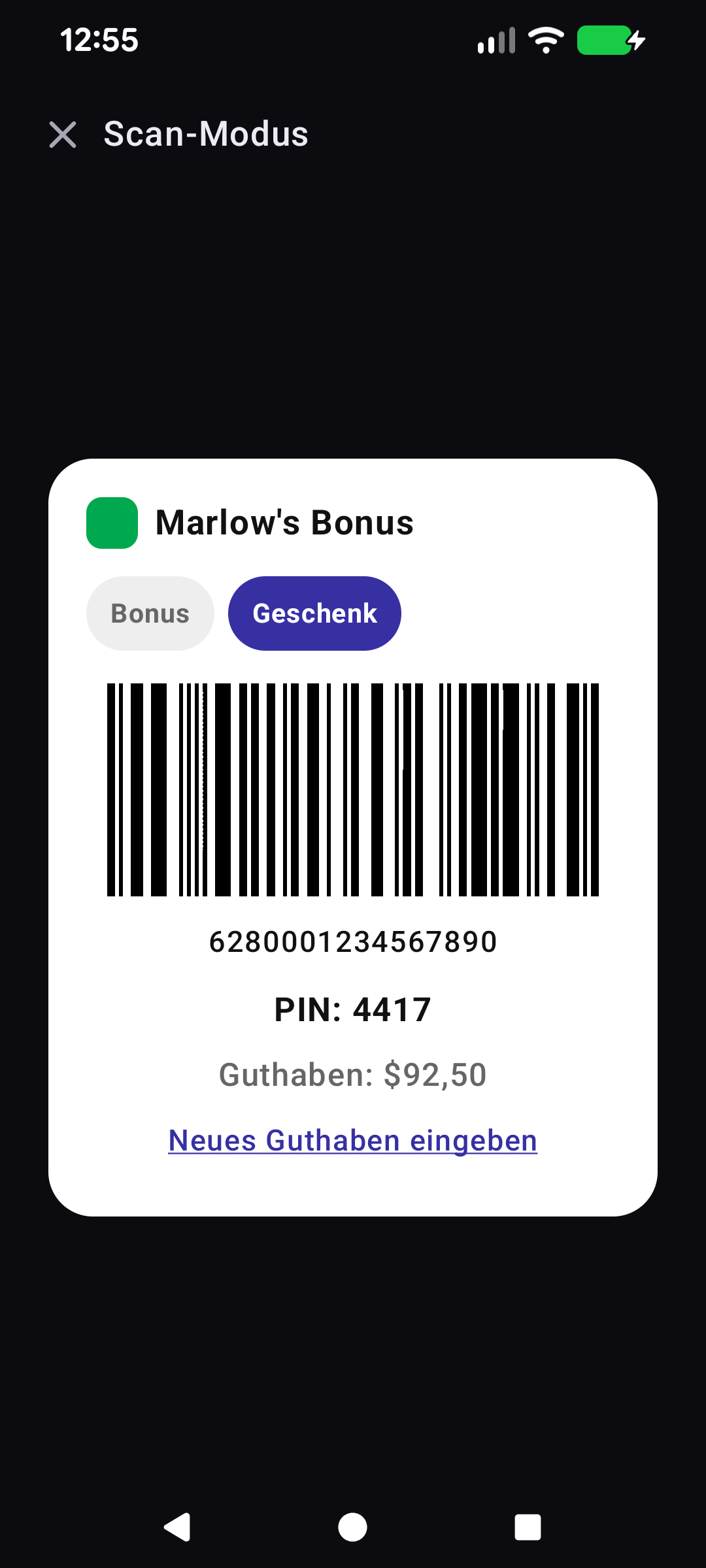 Geschenkkarte im Scan-Modus mit PIN und Restguthaben