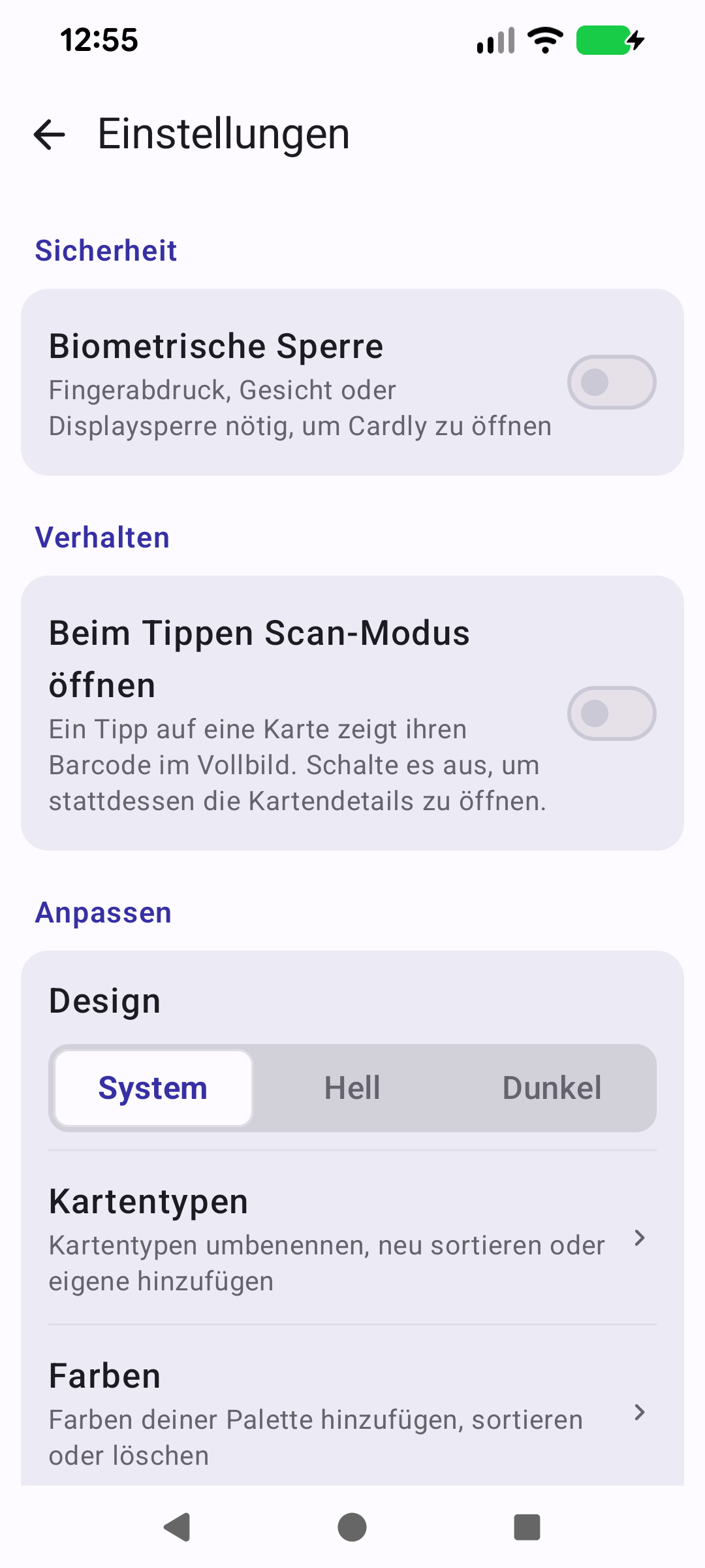 Einstellungen mit den Bereichen Sicherheit, Verhalten und Anpassen