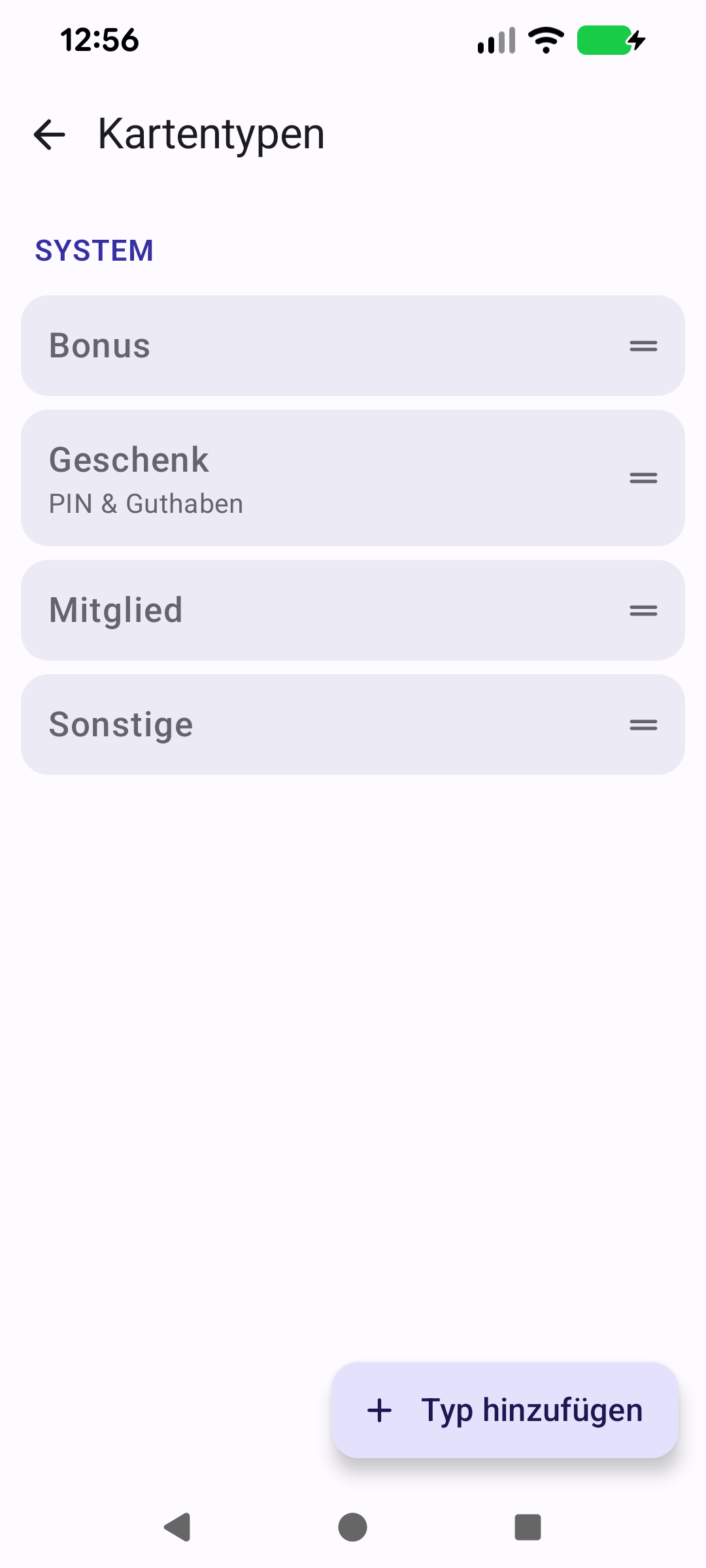 Bildschirm „Kartentypen