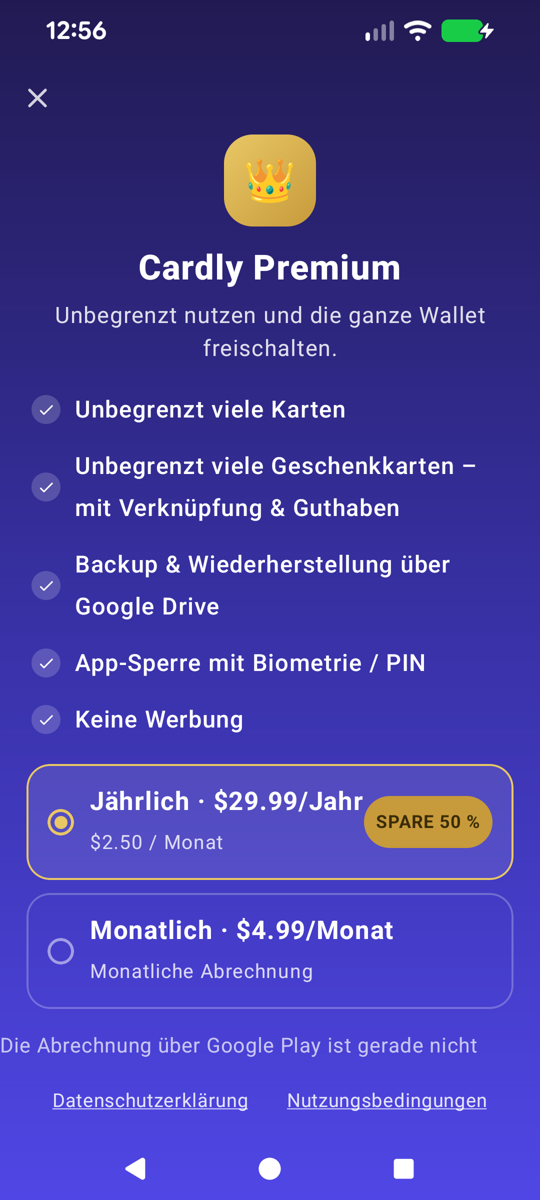 Cardly-Premium-Bildschirm mit fünf Funktionen und zwei Tarifen
