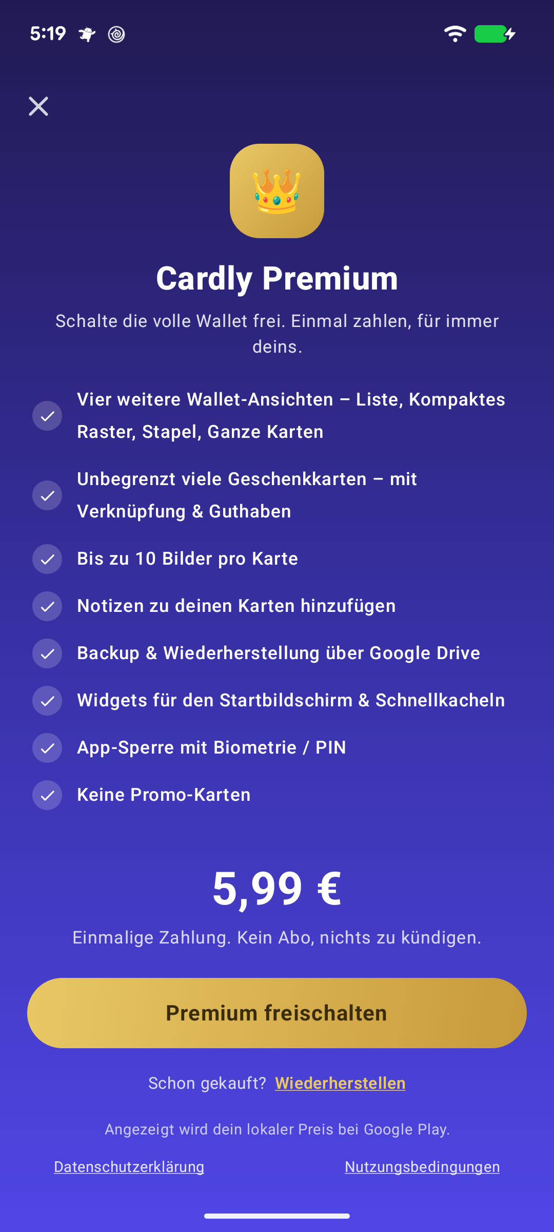 Der Bildschirm Cardly Premium: die Funktionsliste und die Schaltfläche Premium freischalten mit Einmalpreis