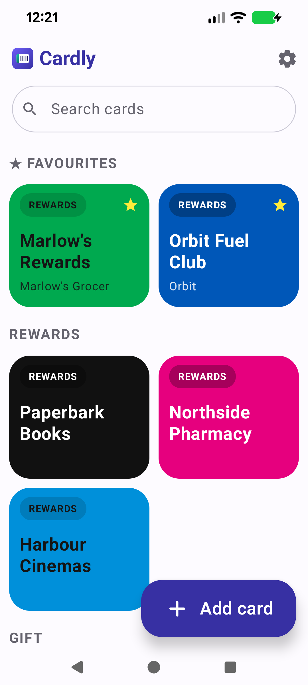 Cardly wallet showing Favourites and Rewards sections