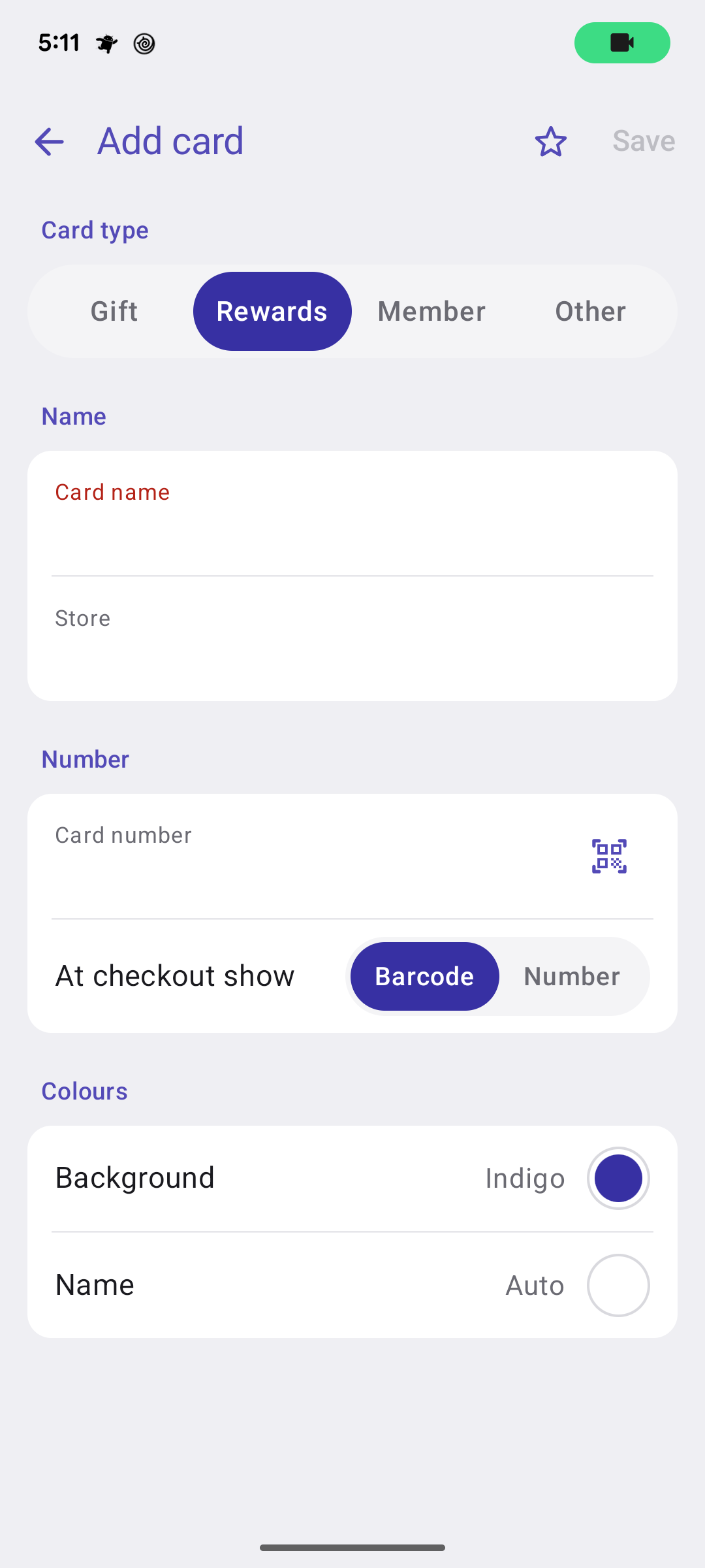 The Add card form: card type chips, name and store, number with a scan button, and the colours