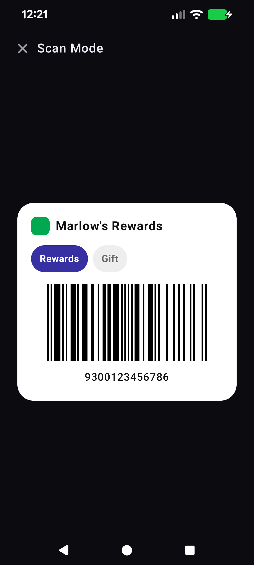 Scan Mode showing a rewards barcode on a dark background