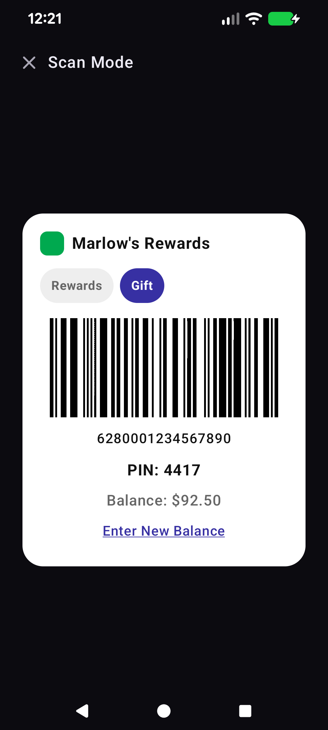 Gift card in Scan Mode showing PIN and remaining balance