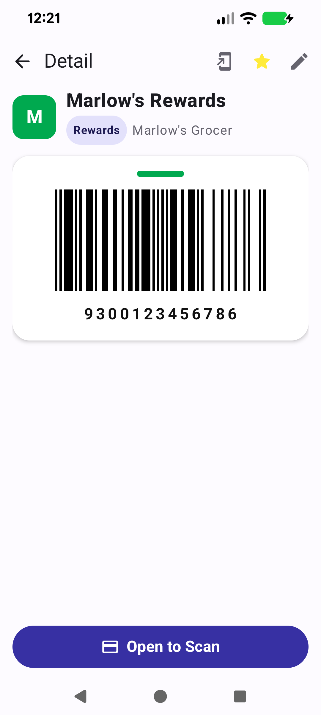 Card detail screen with barcode and Open to Scan button