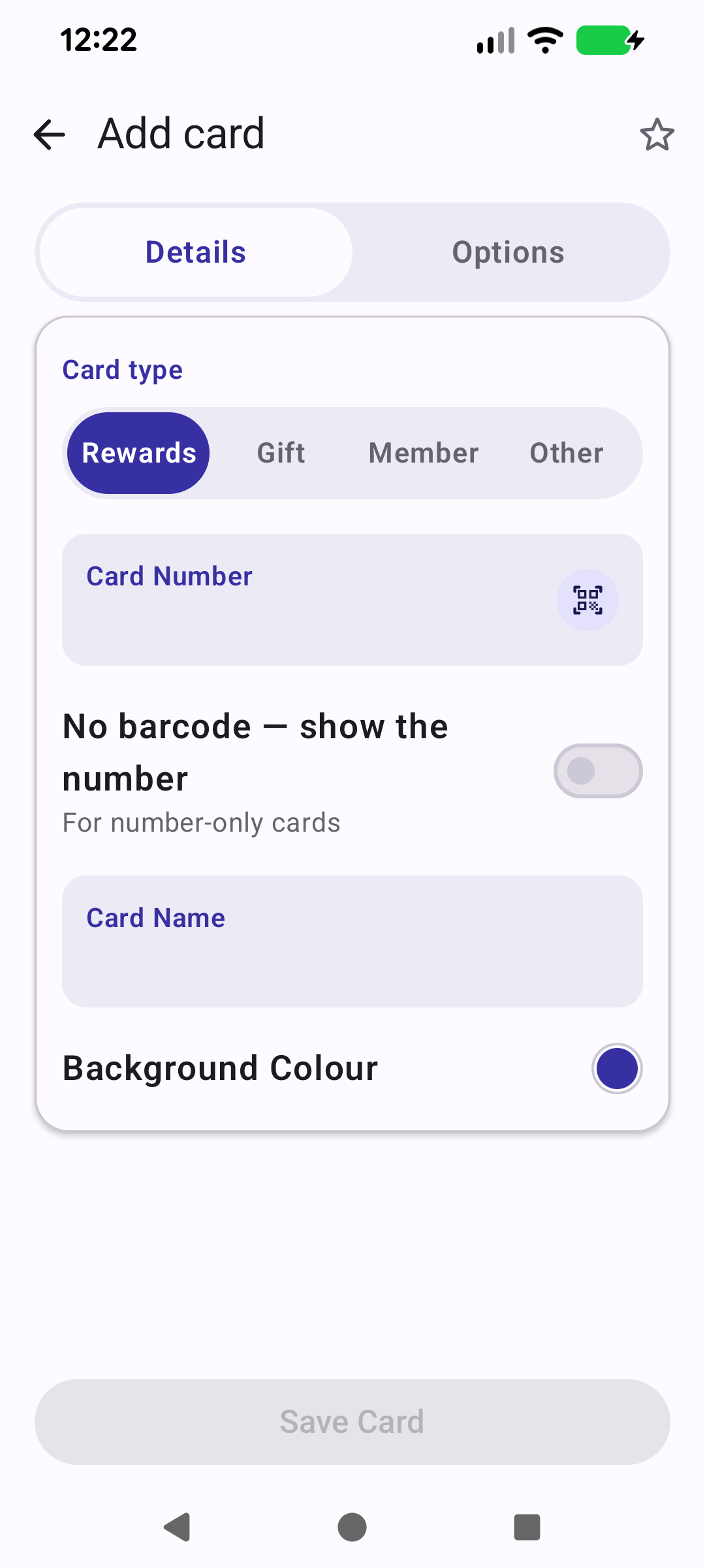 Add card screen with card type chips, number field and colour picker