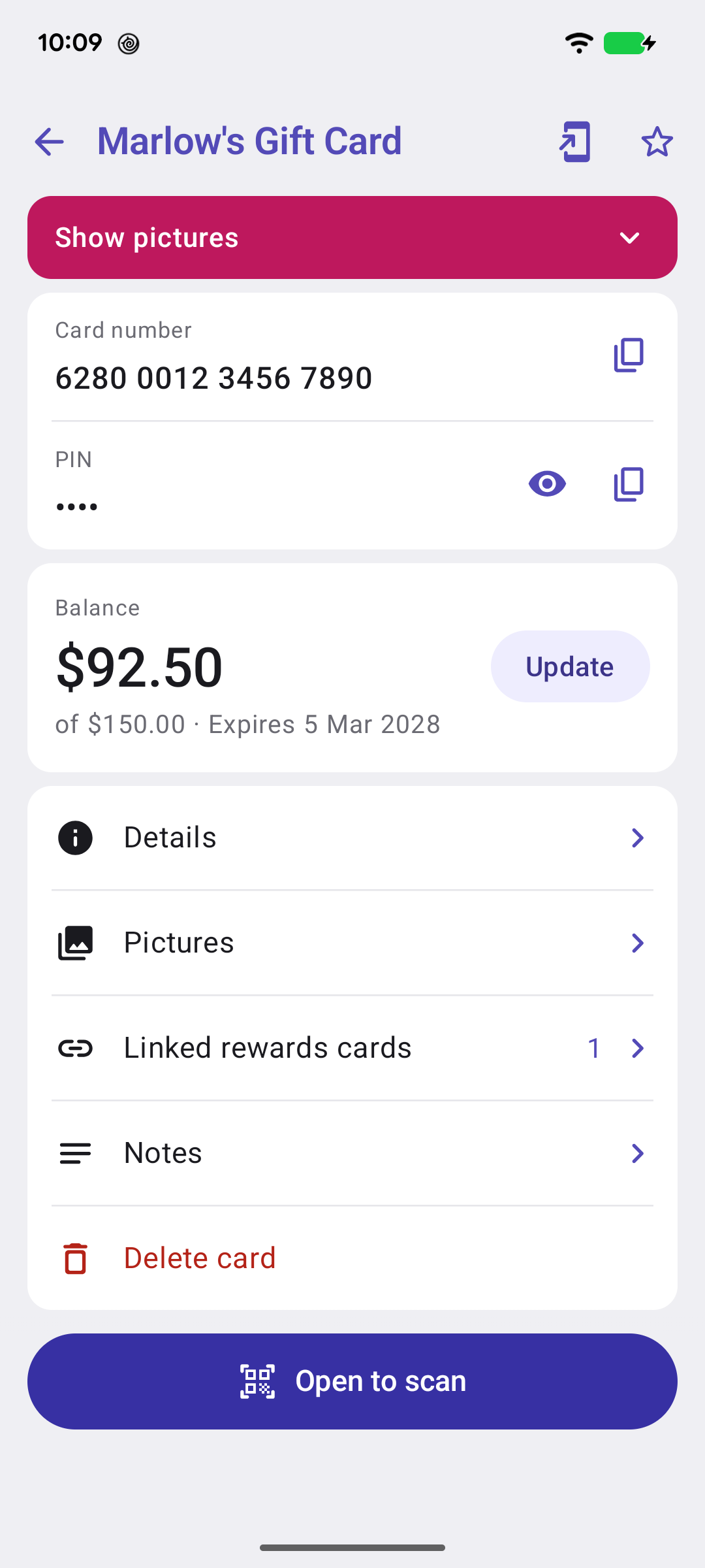 A gift card on the card screen: number, PIN, balance of the starting amount, expiry, and Linked rewards cards