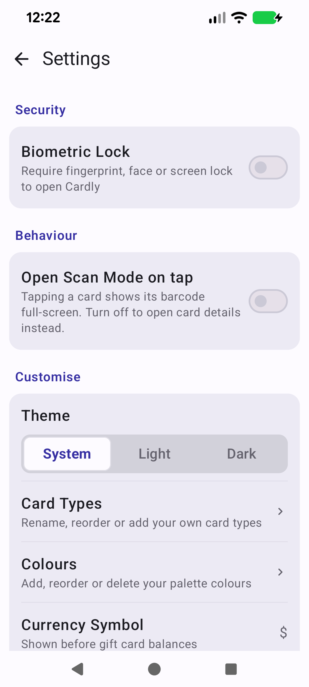 Settings screen with Security, Behaviour and Customise sections