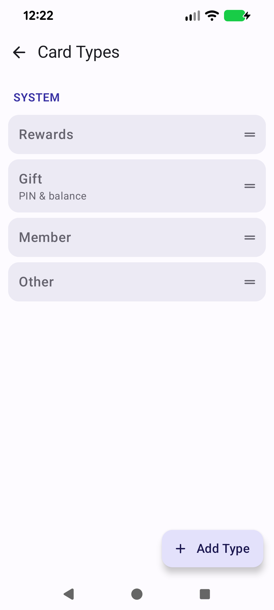Card Types screen listing Rewards, Gift, Member and Other