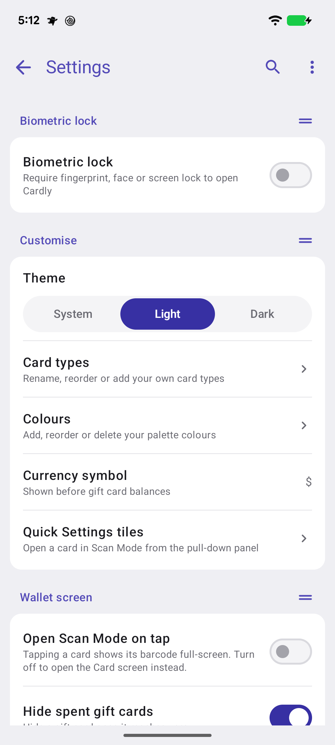 The Settings screen: Biometric lock, Customise and Wallet screen groups, each a card of rows