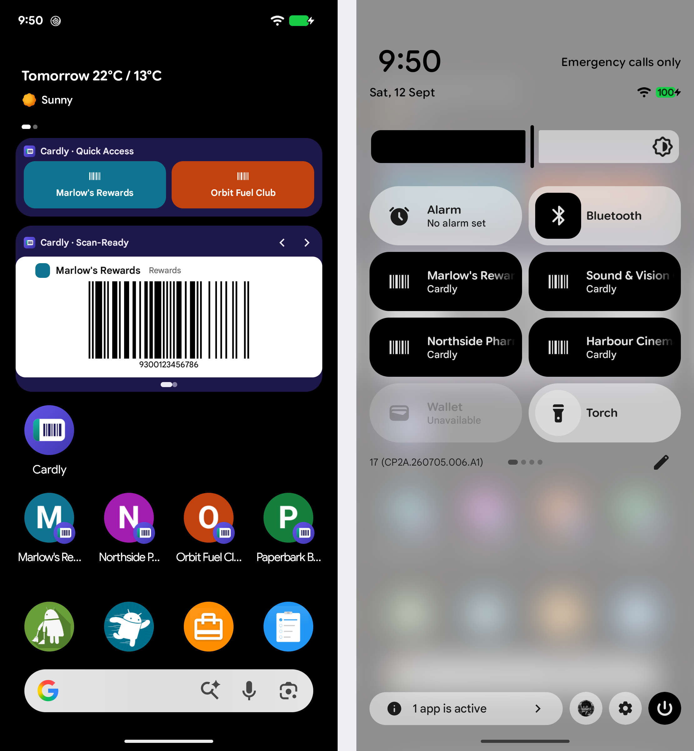 Left, the home screen with the Scan-Ready and Quick Access widgets; right, the Quick Settings panel with four Cardly tiles