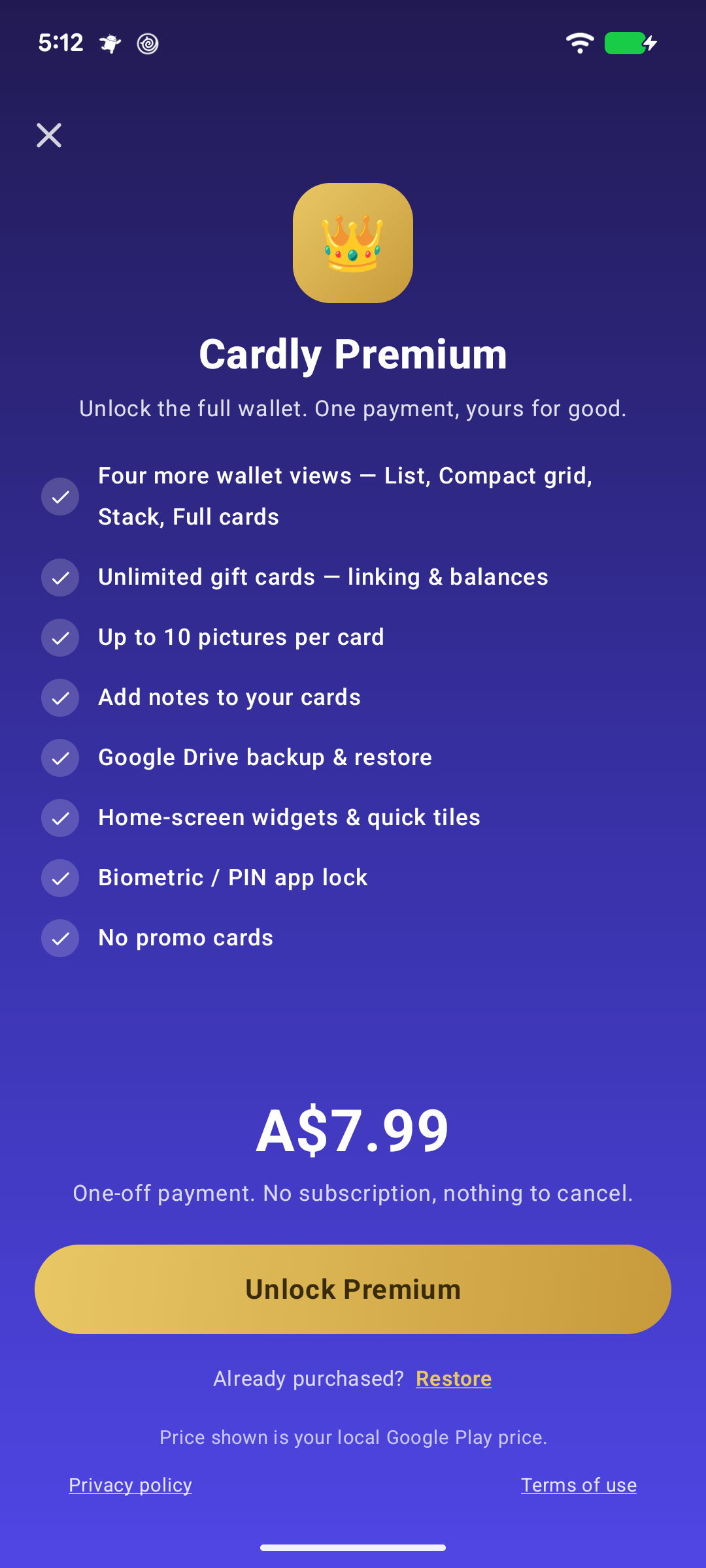 The Cardly Premium screen: the list of features and the Unlock Premium button with a one-off price