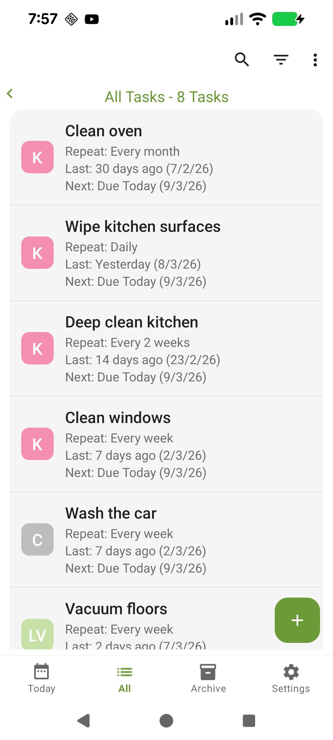 All Tasks screen