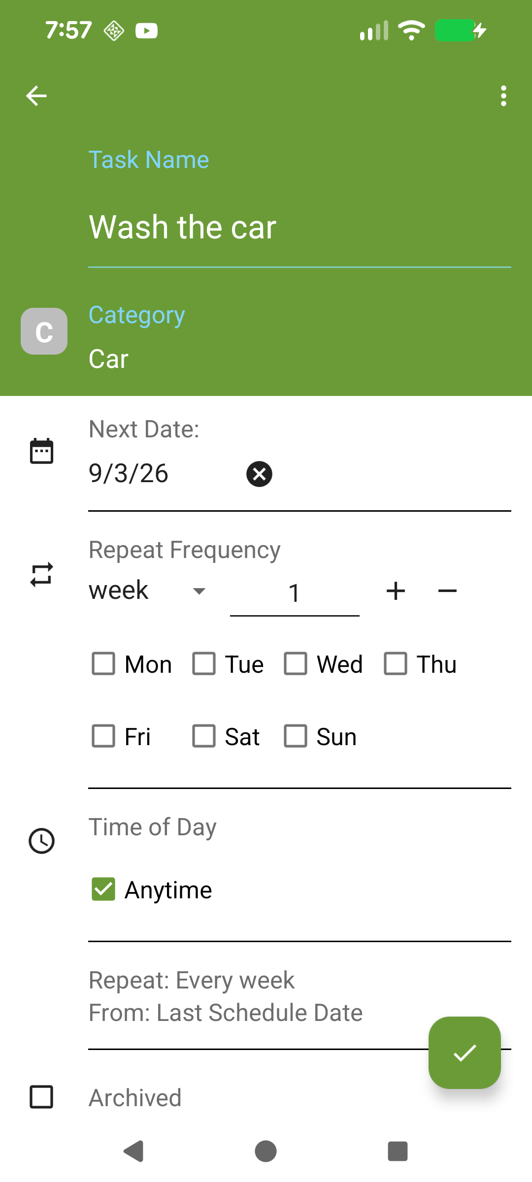 Weekly task with no days selected