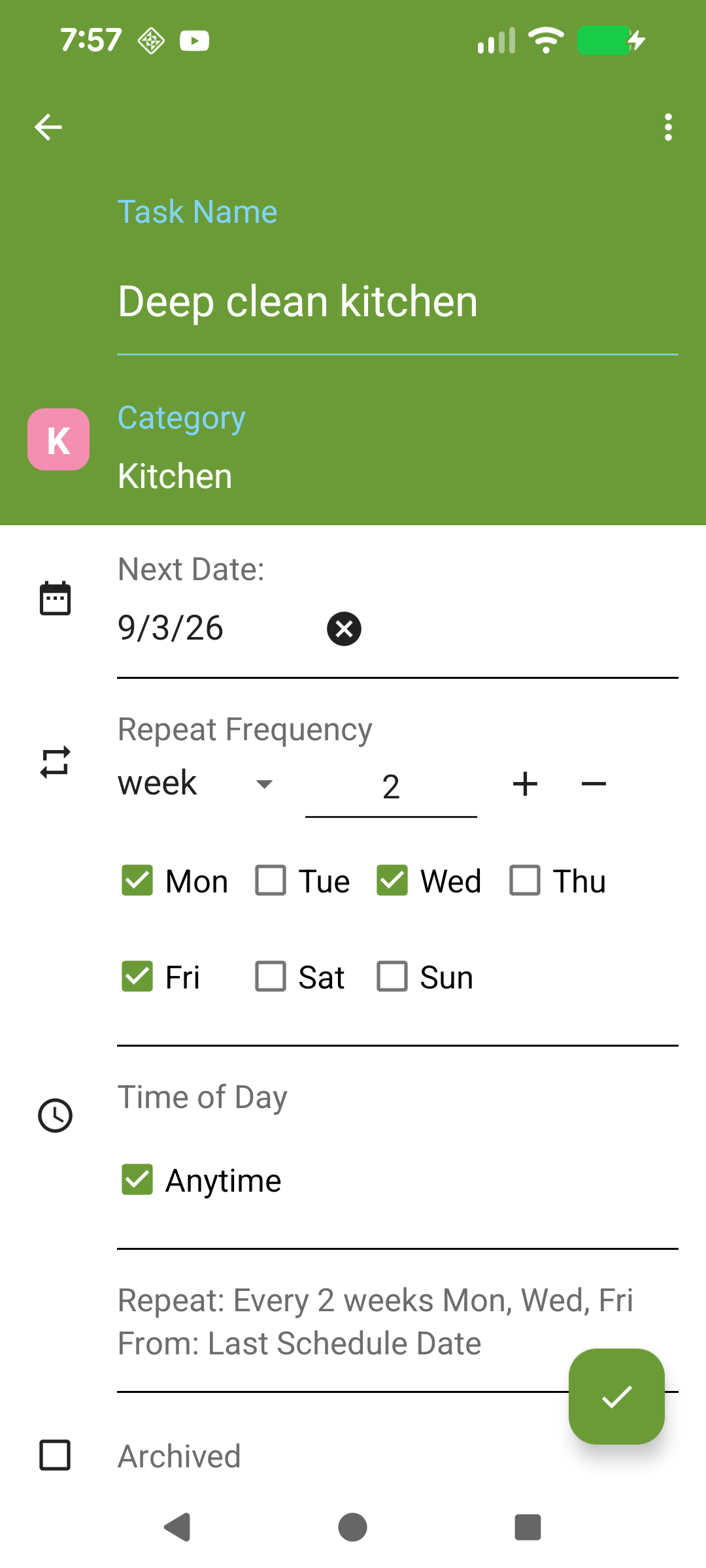 Biweekly task with Mon, Wed, Fri selected