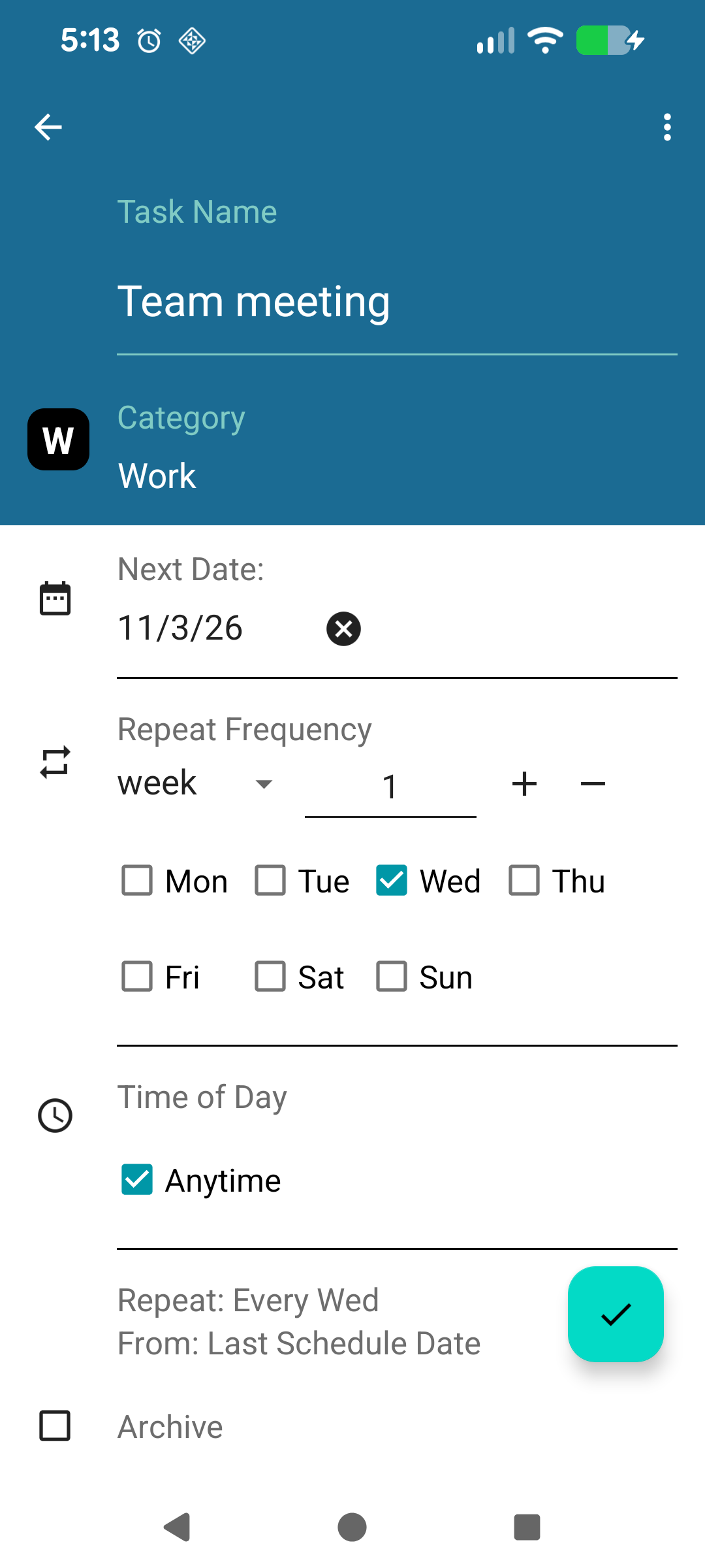 Weekly task with Wednesday selected